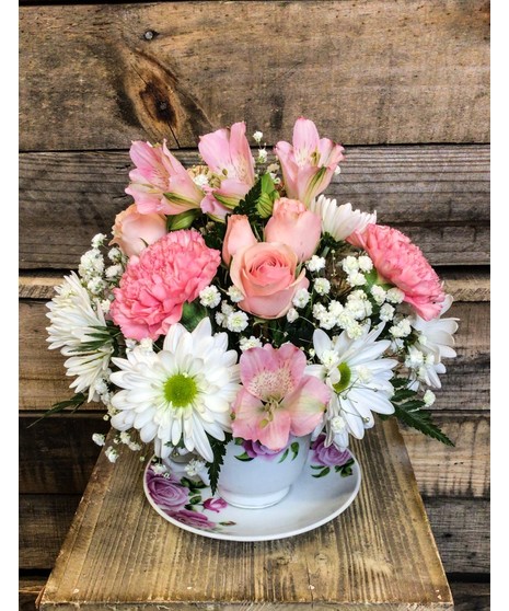 Tea Time - mix of spray roses, daisies and lillies in a keepsake Tea Cup