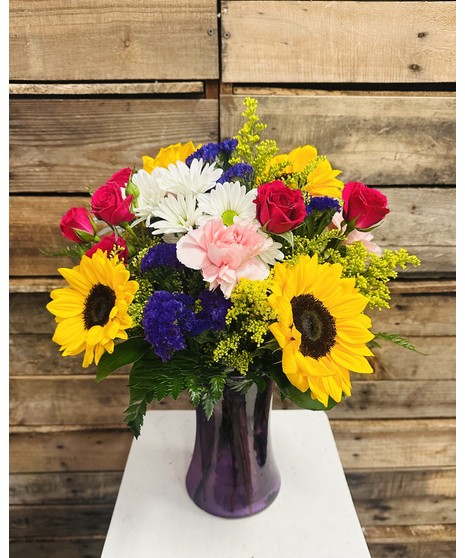 Sunlit Meadows - sunflowers, roses, mini carnations